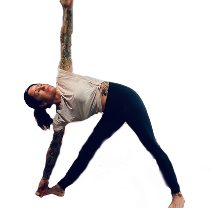 Woman practicing yoga, Triangle Pose, tattoos visible